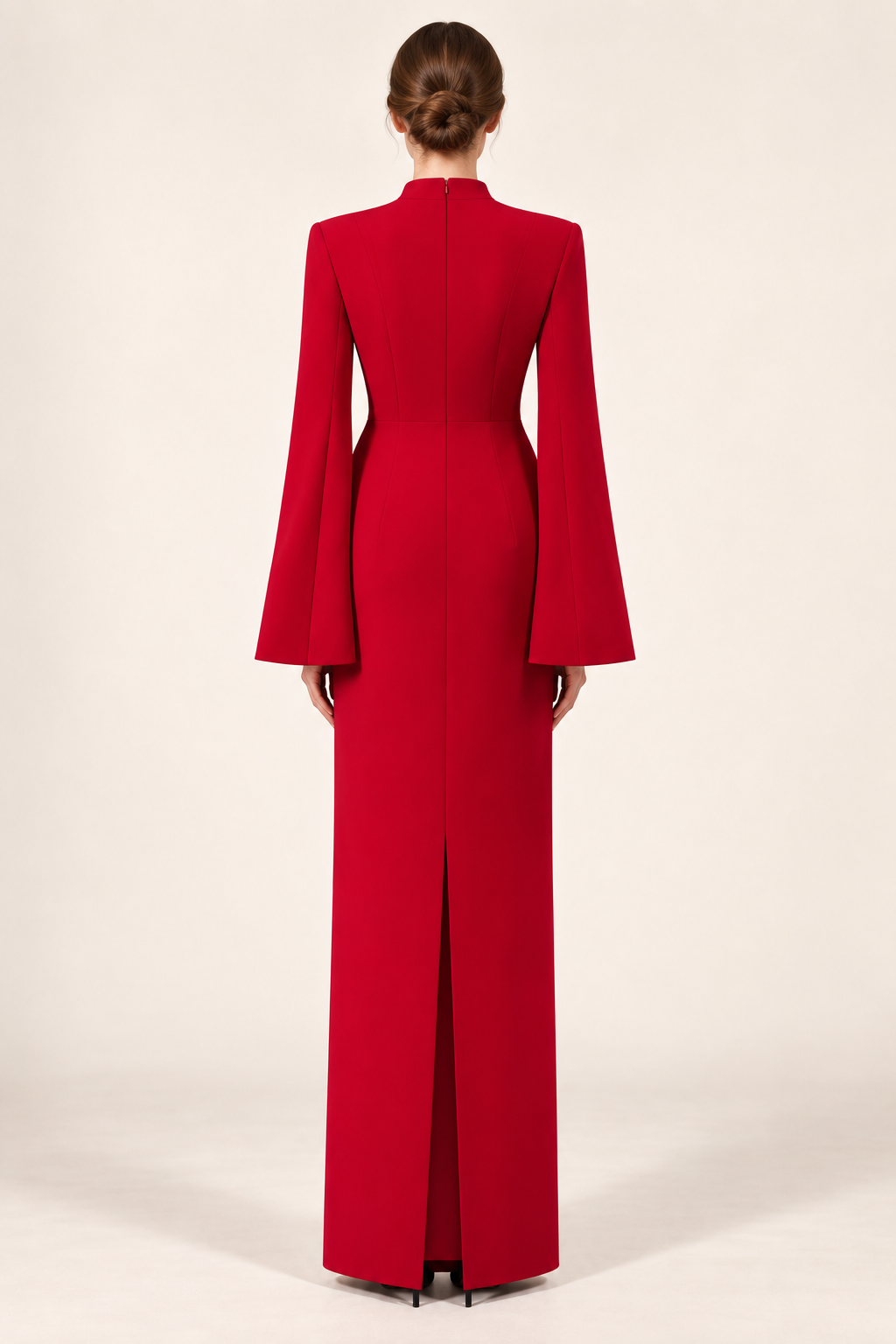 Vivienne crimson red floral embellished maxi dress with split long sleeves, back view