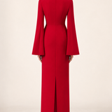 Vivienne crimson red floral embellished maxi dress with split long sleeves, back view