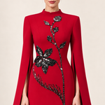 Vivienne crimson red floral embellished maxi dress with split long sleeves, close-up view