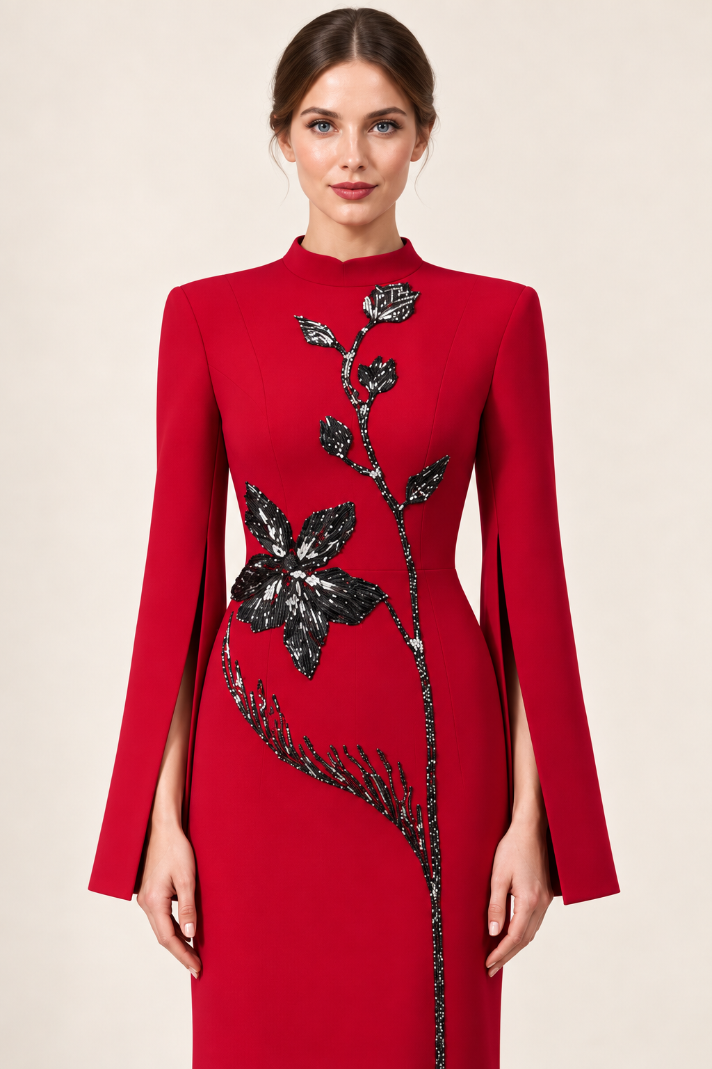 Vivienne crimson red floral embellished maxi dress with split long sleeves, close-up view