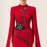 Vivienne crimson red floral embellished maxi dress with split long sleeves, close-up view