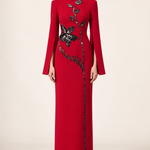 Vivienne crimson red floral embellished maxi dress with split long sleeves, front view
