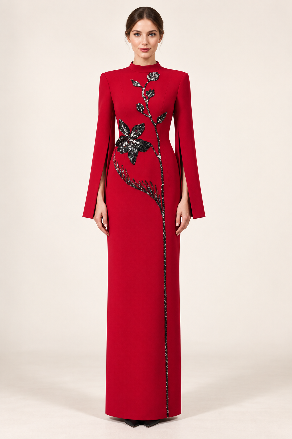 Vivienne crimson red floral embellished maxi dress with split long sleeves, front view