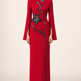 Vivienne crimson red floral embellished maxi dress with split long sleeves, front view