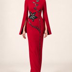 Vivienne crimson red floral embellished maxi dress with split long sleeves, movement view