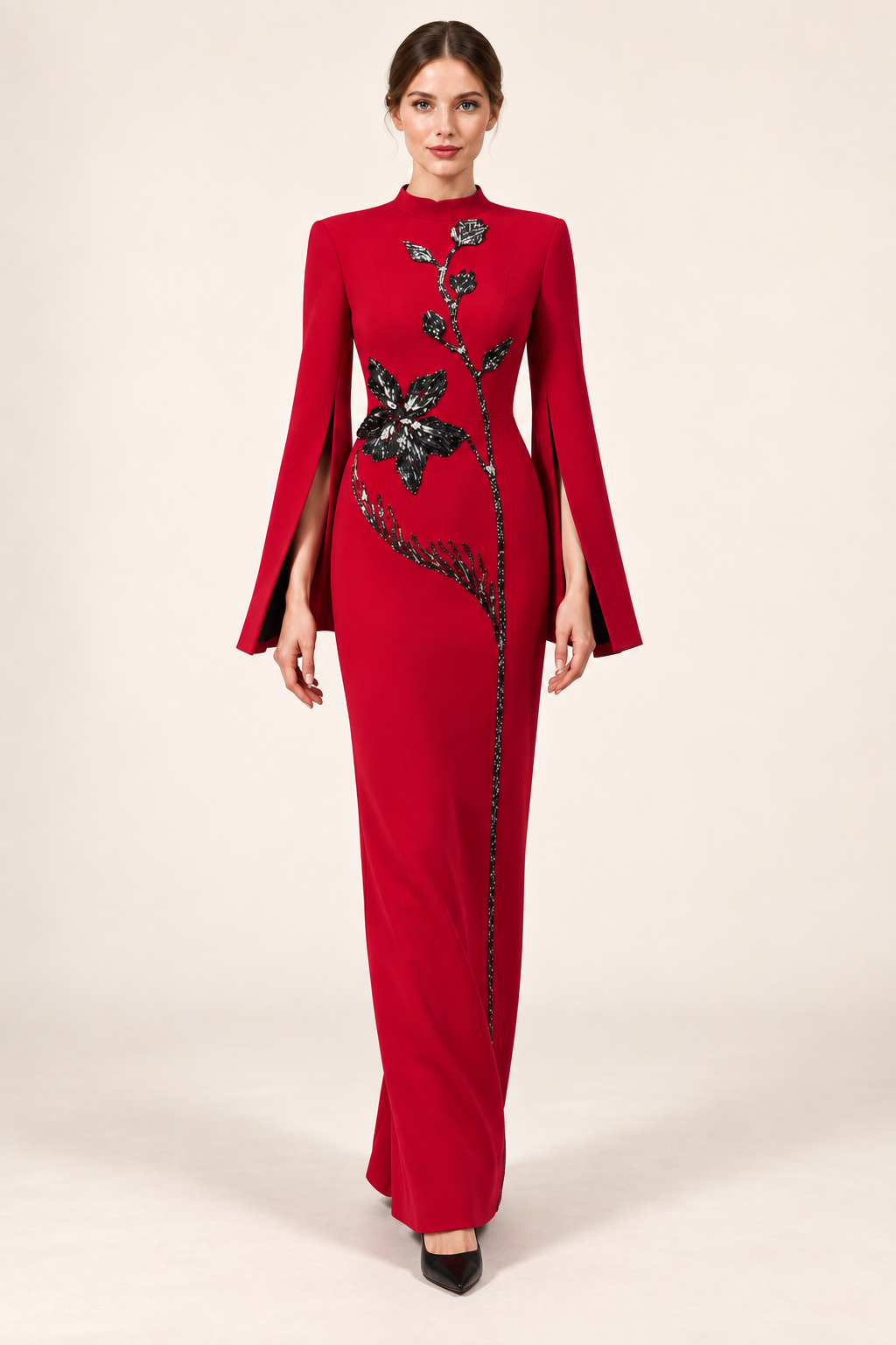 Vivienne crimson red floral embellished maxi dress with split long sleeves, movement view