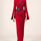 Vivienne crimson red floral embellished maxi dress with split long sleeves, movement view