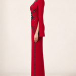 Vivienne crimson red floral embellished maxi dress with split long sleeves, side view