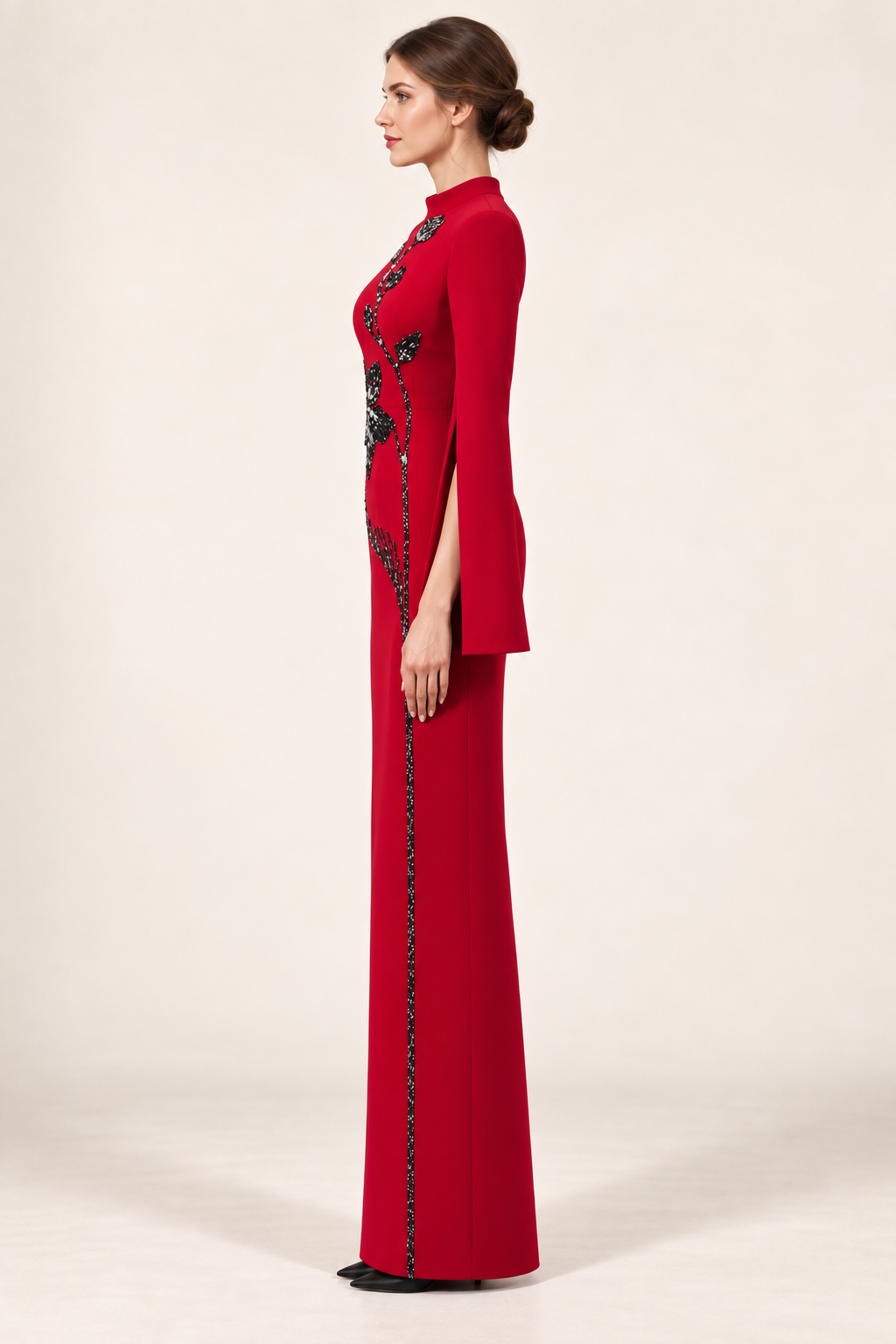 Vivienne crimson red floral embellished maxi dress with split long sleeves, side view