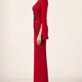Vivienne crimson red floral embellished maxi dress with split long sleeves, side view