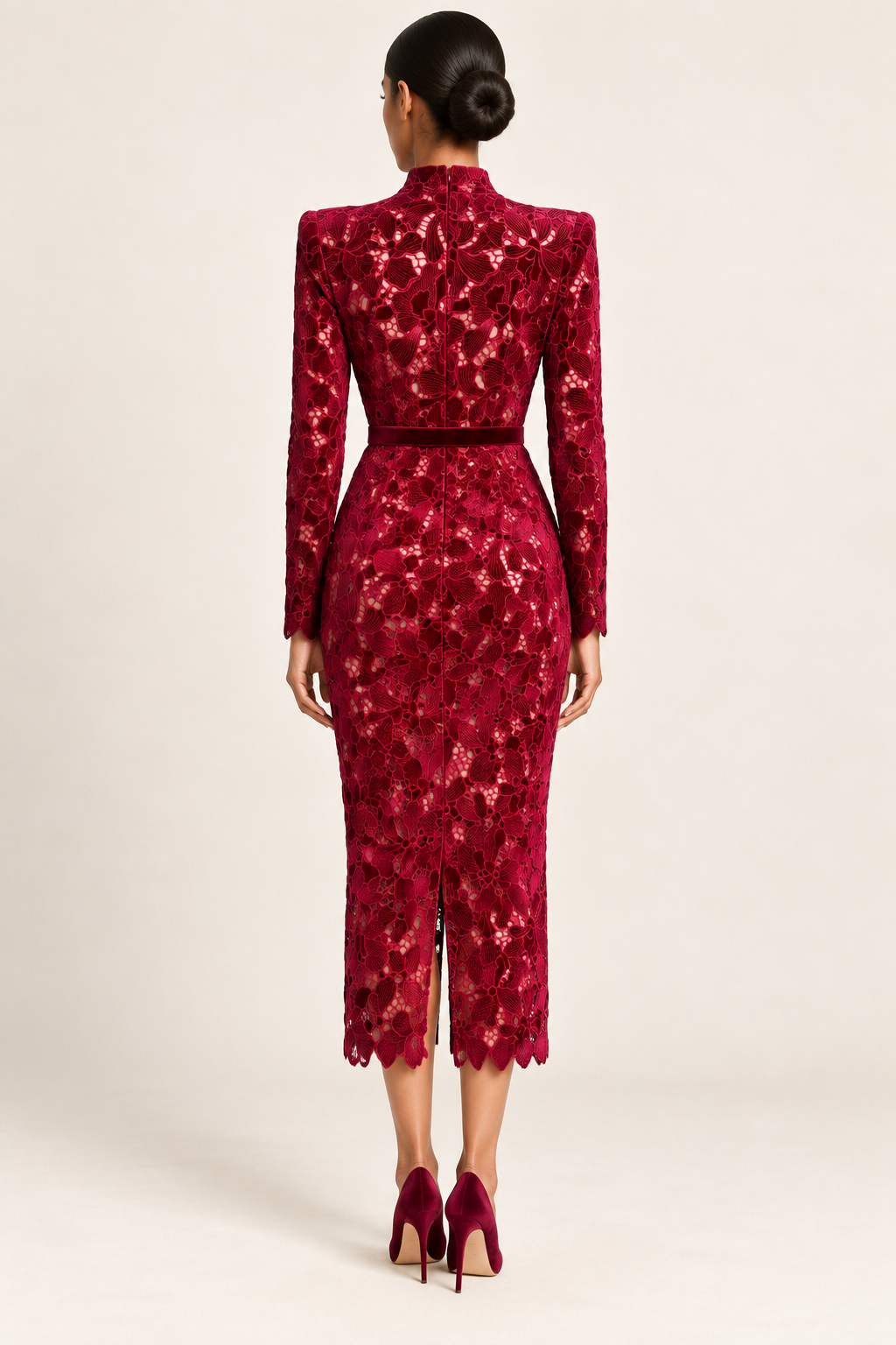 Vivienne Wine Lace Midi Dress — back view
