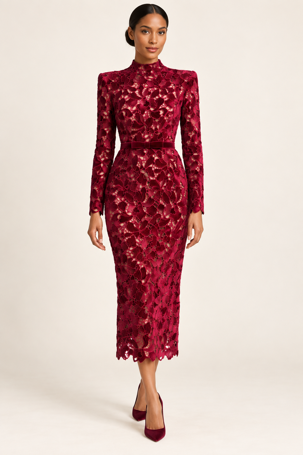 Vivienne Wine Lace Midi Dress — front view
