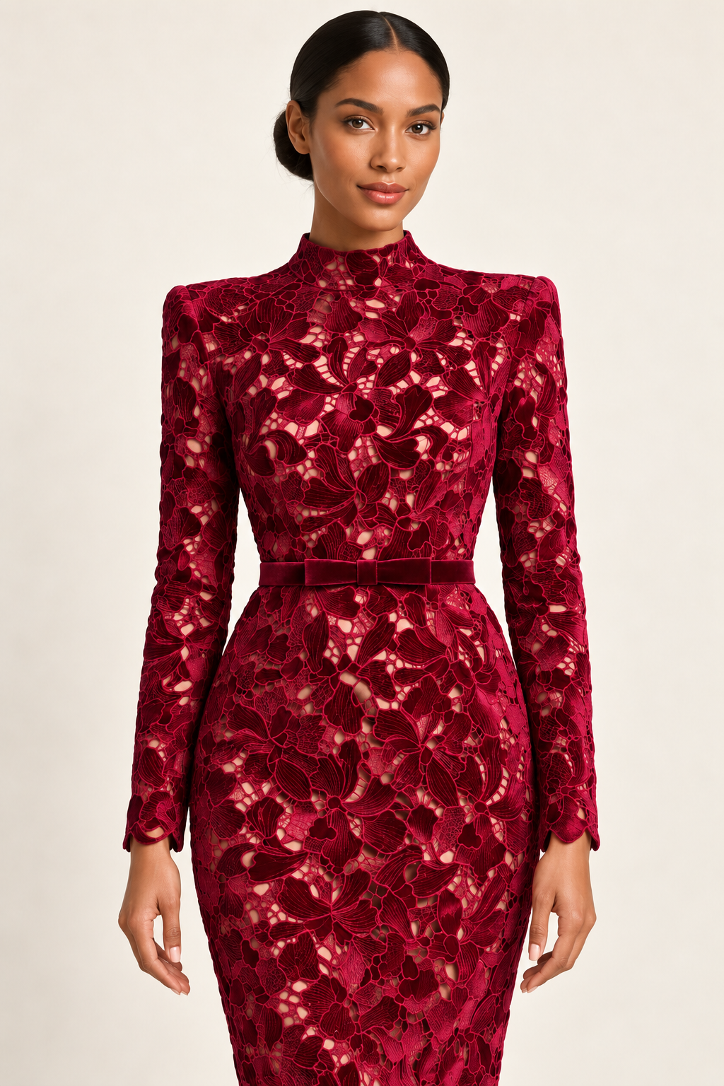 Vivienne Wine Lace Midi Dress — half-length view