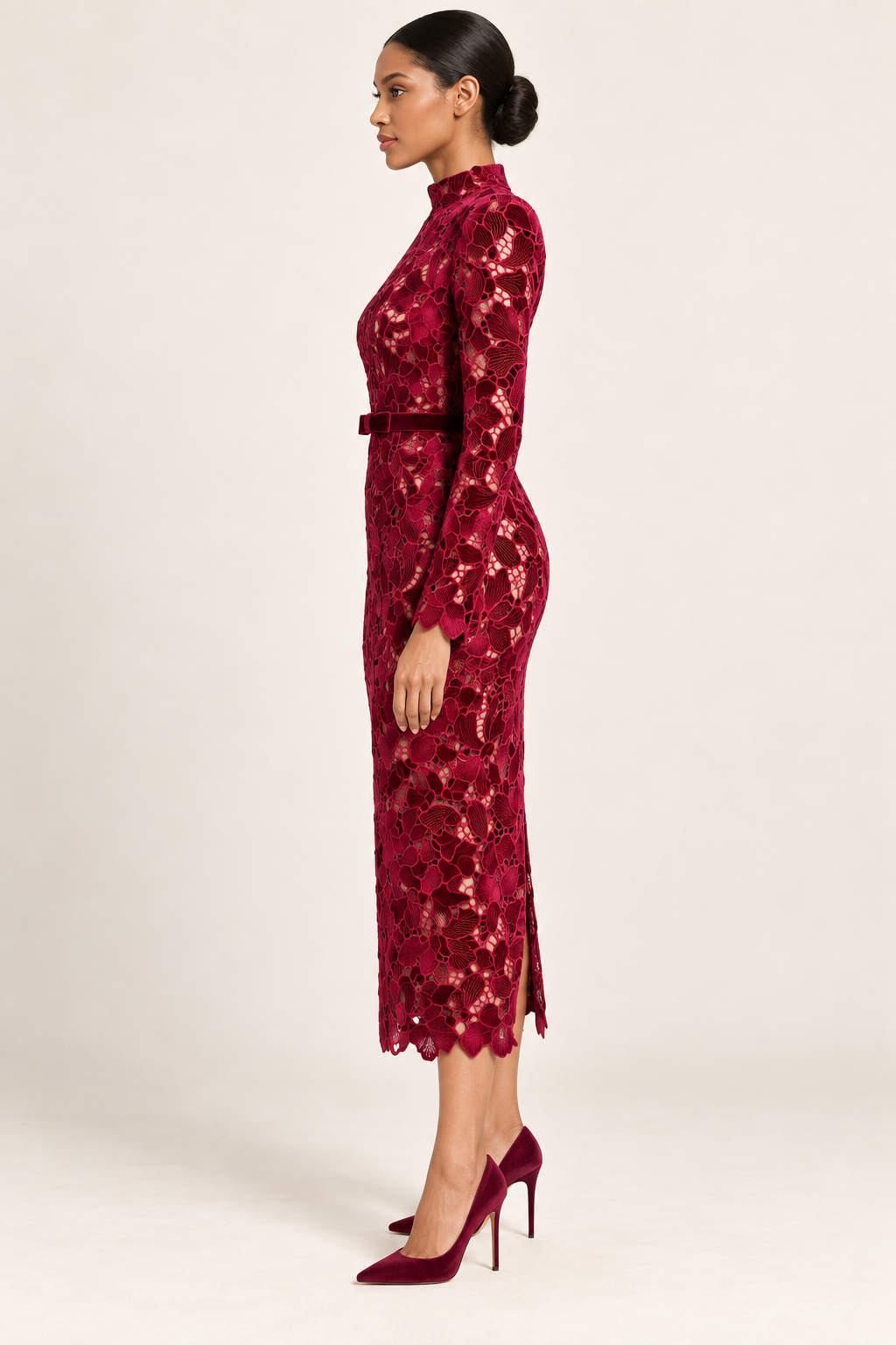 Vivienne Wine Lace Midi Dress — side view