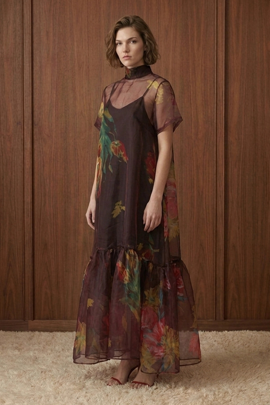 Bordeaux Bloom Tie-Neck Midi Dress — angle view