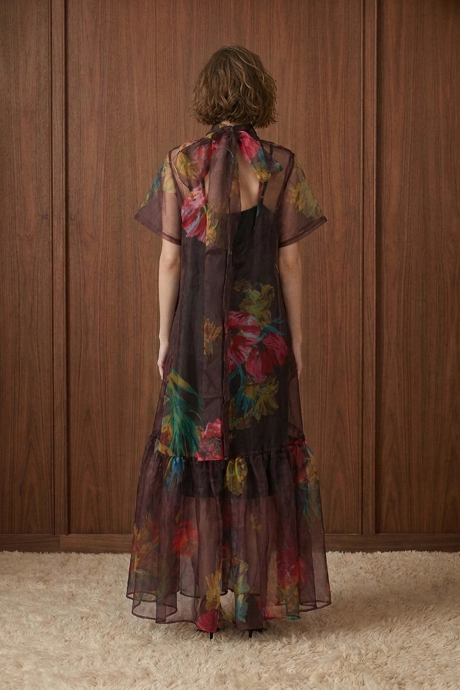 Bordeaux Bloom Tie-Neck Midi Dress — back view