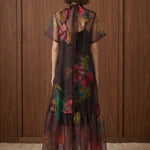 Bordeaux Bloom Tie-Neck Midi Dress — back view