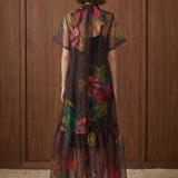Bordeaux Bloom Tie-Neck Midi Dress — back view