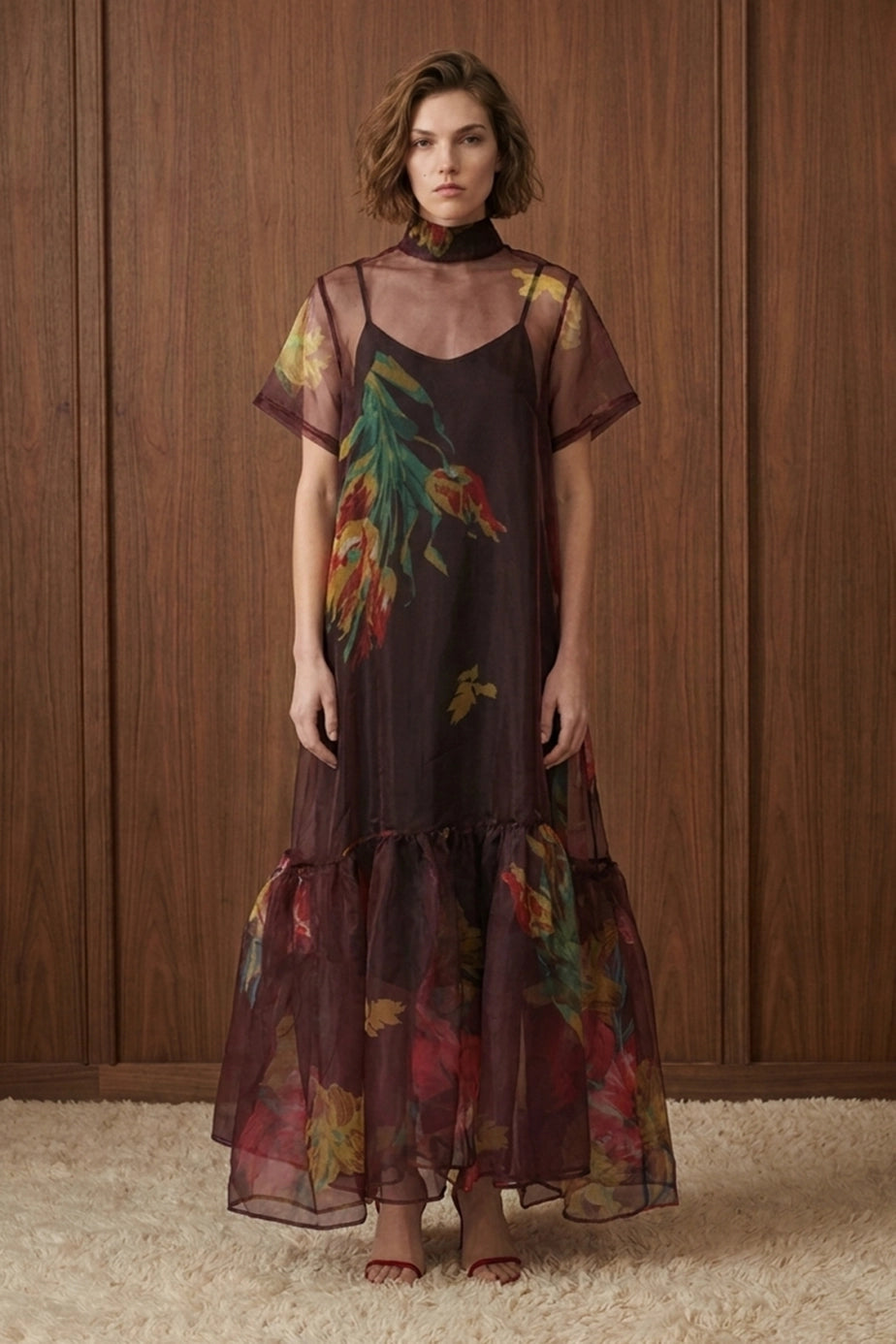 Bordeaux Bloom Tie-Neck Midi Dress — front view