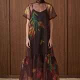 Bordeaux Bloom Tie-Neck Midi Dress — front view