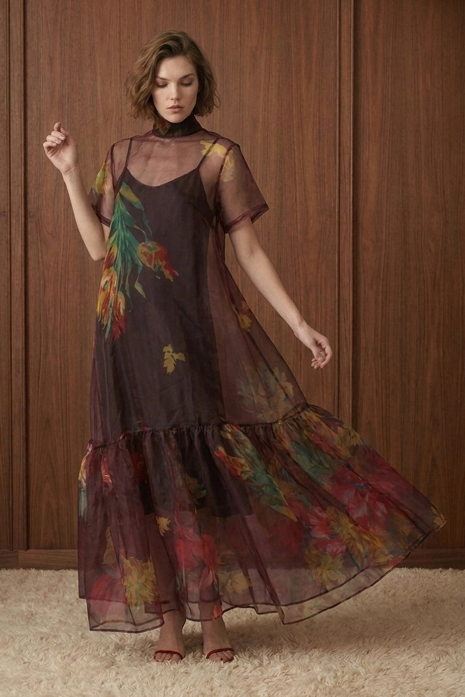 Bordeaux Bloom Tie-Neck Midi Dress — movement view