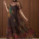 Bordeaux Bloom Tie-Neck Midi Dress — movement view